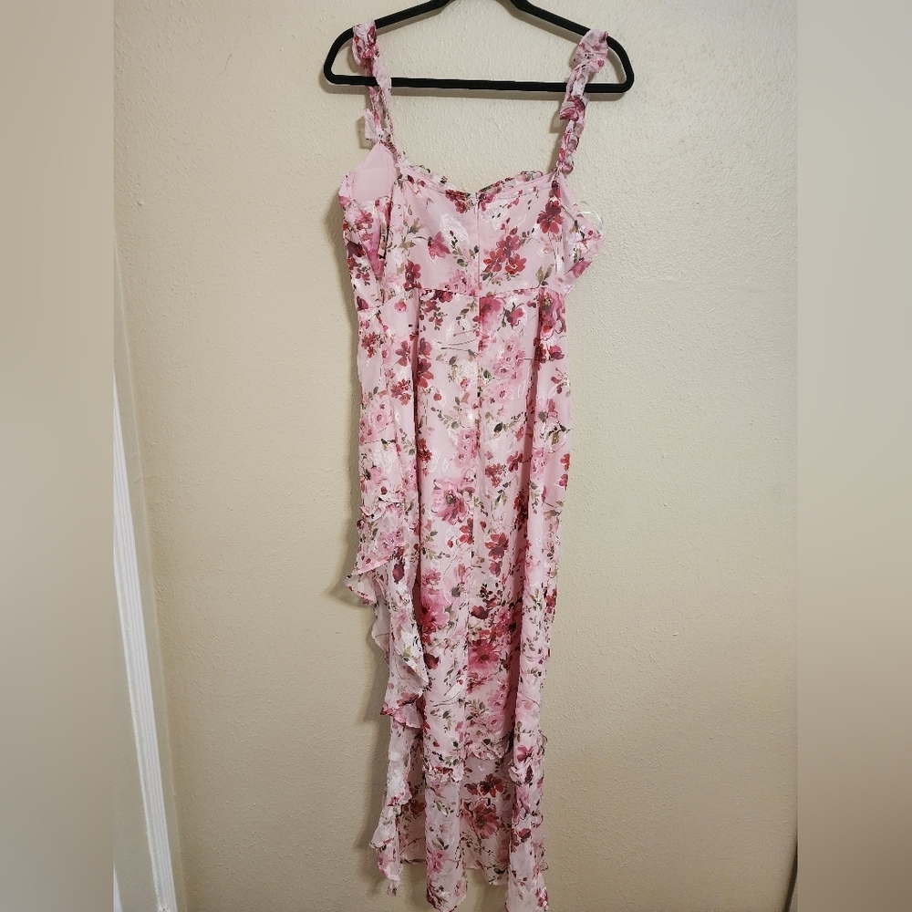 Lulus Lovable Spirit Pink Floral Burnout Ruffled High-Low Maxi Dress L Wedding - Picture 8 of 10